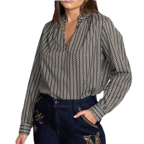 Johnny Was Calme Split Ruffled Neck Multi-Color Liya Blouse Woman's Sz L NWT - Picture 1 of 11